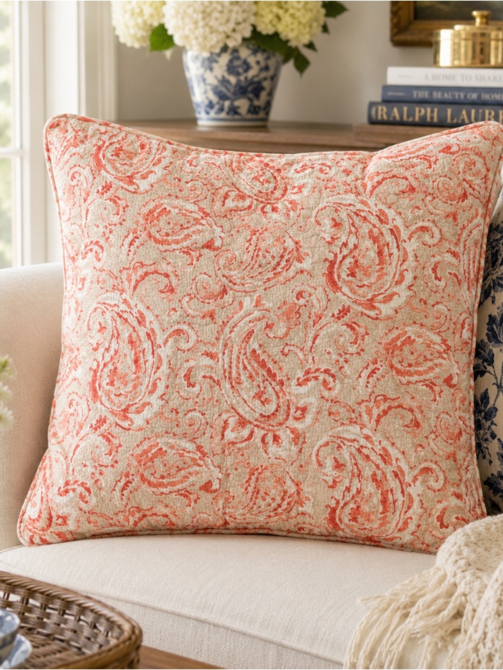 Lauren Ralph Lauren 22” Paisley Cotton Pillow Cover Coral Ivory Gauze Cotton